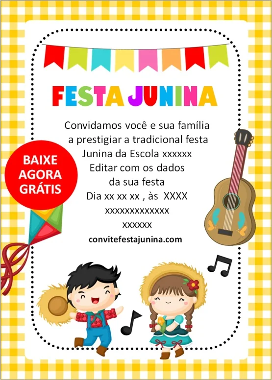 Convite Festa Junina Xadrez Gratis - Fazendo a Nossa Festa